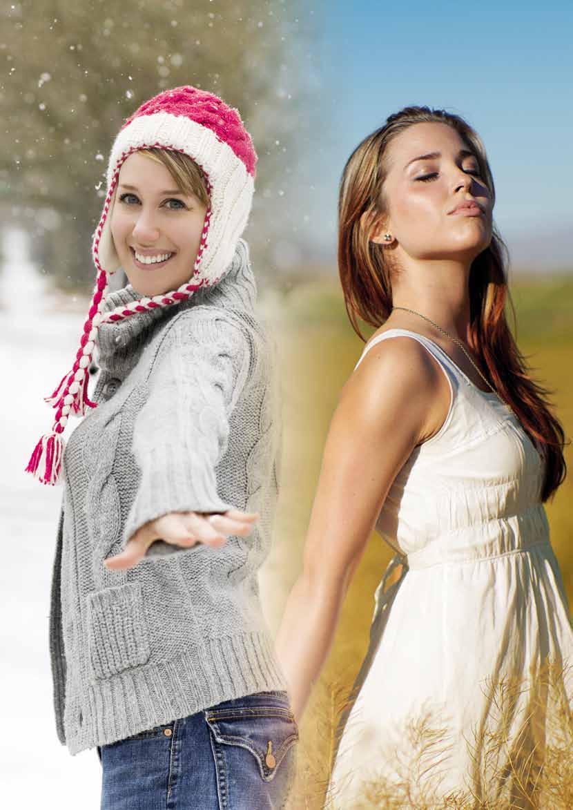 Imagen original del folleto medi: una mujer en un paisaje de invierno y otra bajo el sol, como referencia al confort durante todo el año.
